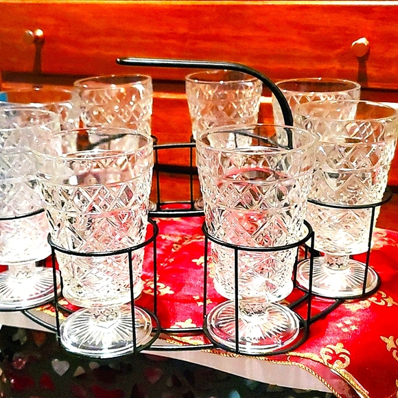 Vintage Pressed Glassware & Metal Caddy